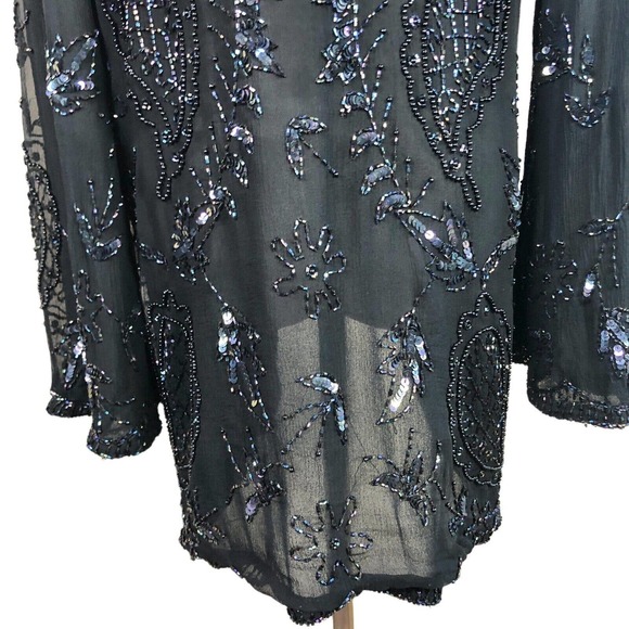 Vintage Judith Ann Embellished Blouse Black Silk Iridescent Sequins Beads Small - Picture 7 of 12